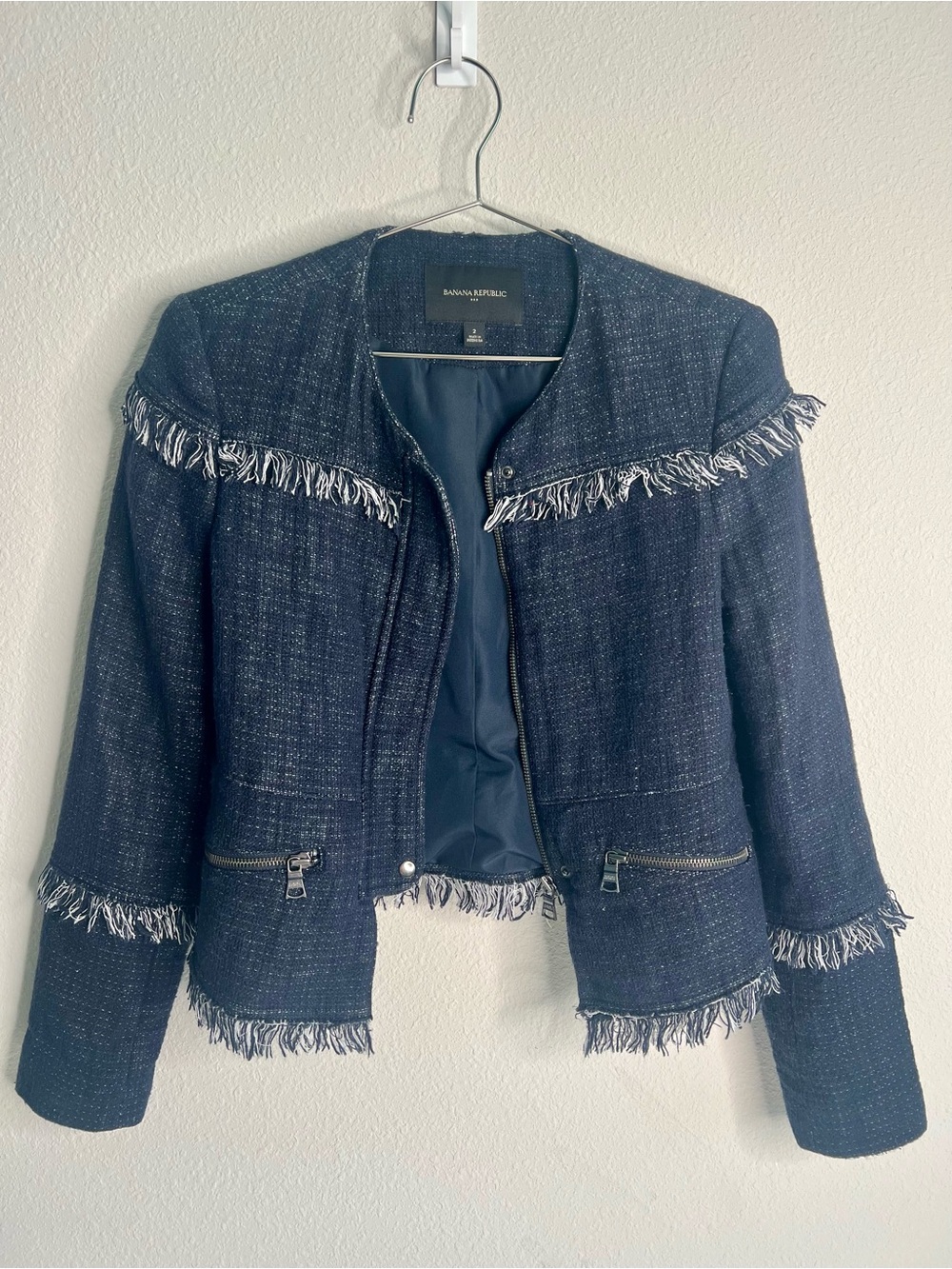 Banana Republic Navy Fringe Boucle Zip-Front Jacket